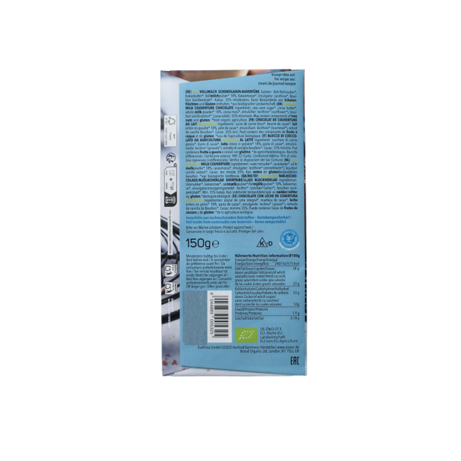 Chocolate de cobertura con leche ecológico 150 g