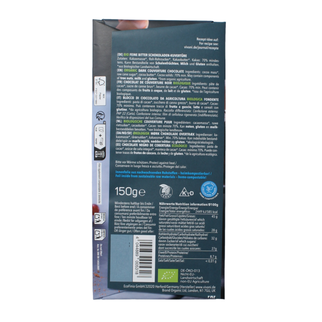 Couverture-Schmelzschokolade Zartbitter Bio 150 Gramm