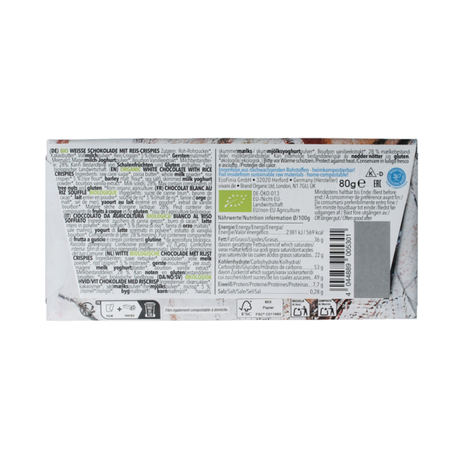 White chocolate with rice crispies organic 80 Gram