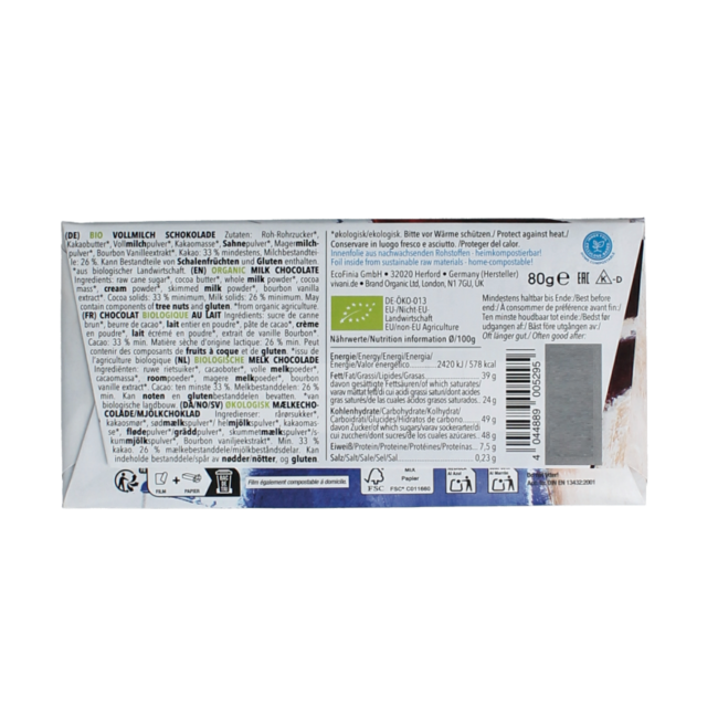 Chocolat au lait bio 80 grammes