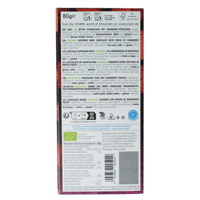 Dunkle Schokolade Cranberry 70% Bio 80 Gramm