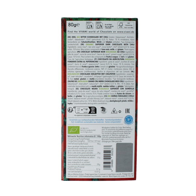 Schokolade Zartbitter Chili 70% Bio 80 Gramm