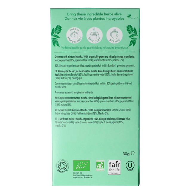 Miętowa zielona herbata matcha bio, 20 saszetek