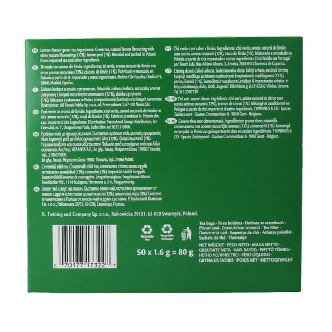 Thé vert au citron Twinings - 50 sachets enveloppés