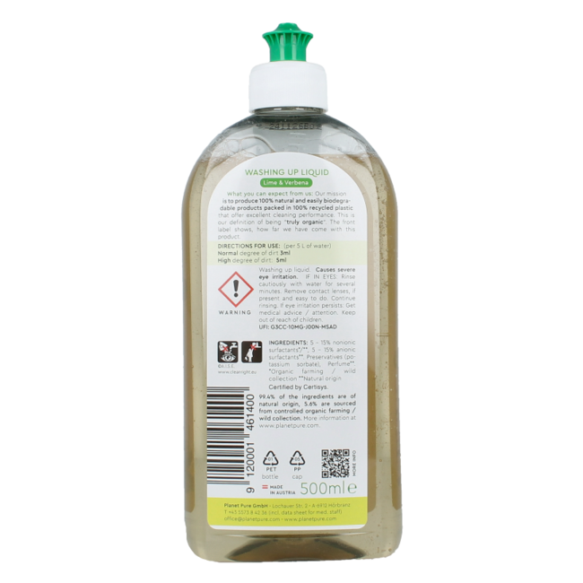 Planet Pure Washing-up Liquid lime & verbena 500 Millilitres