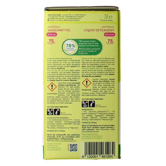 Planet Pure Flüssigwaschmittel Universal Wildrose 3 Liter