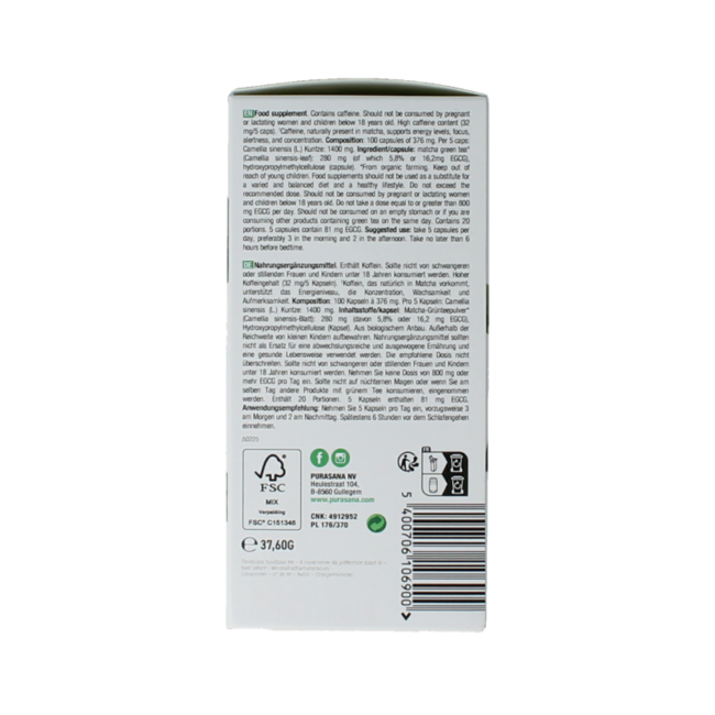 Purasana Matcha vegan organic 100 Vegetarian capsules