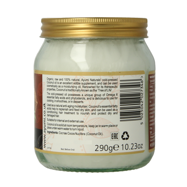 Olio di Cocco Vergine Biologico Ayumi 290 Grammi