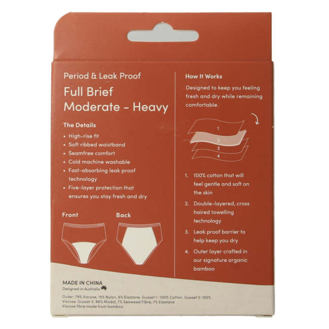 Boody period underwear full brief black moderate flow size L 1 piece