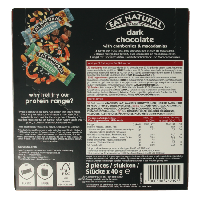 Chocolat noir canneberge macadamia 3 x 40 grammes 120 Grammes