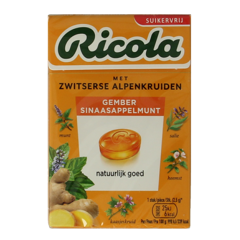 Ricola Jengibre menta naranja sin azúcar 50 gramos