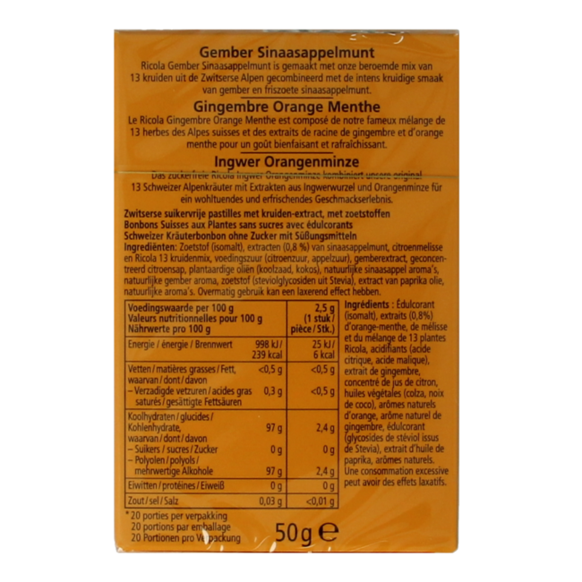 Ricola Jengibre Menta Naranja sin Azúcar 50 Gramos