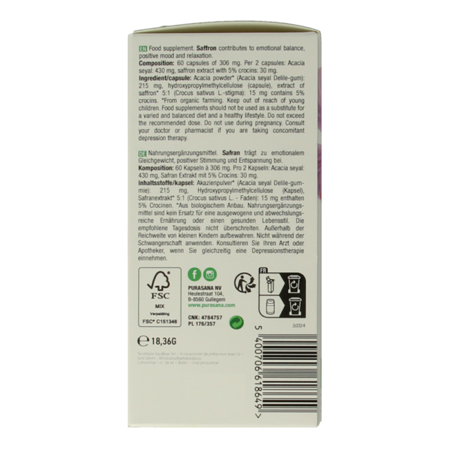 Purasana Azafrán vegano bio 60 Cápsulas vegetarianas