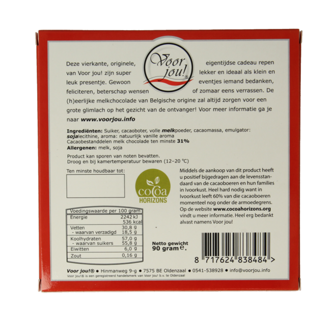 Voor Jou ! Tablette de chocolat "Si spéciale et particulière" 90 g