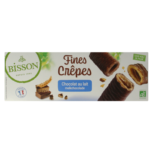 Bisson Krokante wafelrolletjes met melkchocolade bio 90 Gram