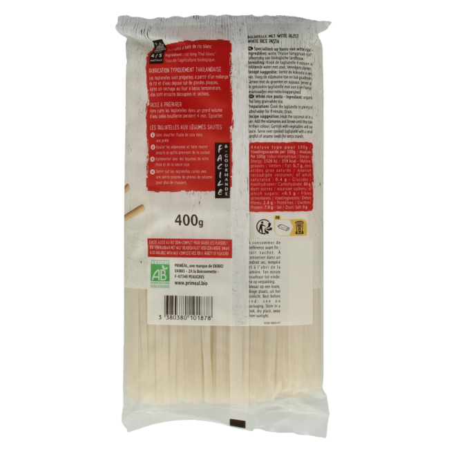Primeal Fideos de arroz blanco bio 400 Gramos