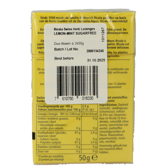 Ricola Limón menta sin azúcar dúo pack 100 gramos