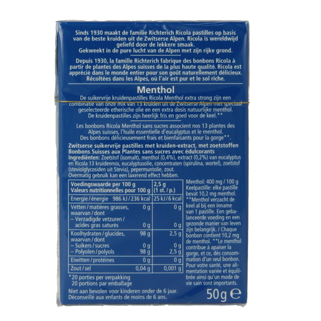 Ricola Mentol bardzo mocny bez cukru 50 Gram