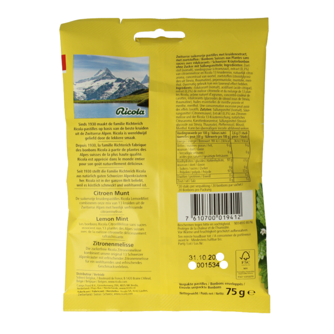 Ricola Lemon Mint Sugar Free 75g