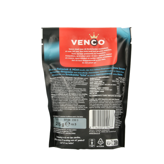 Venco Droptoppers salmiak e menta 215 Grammi