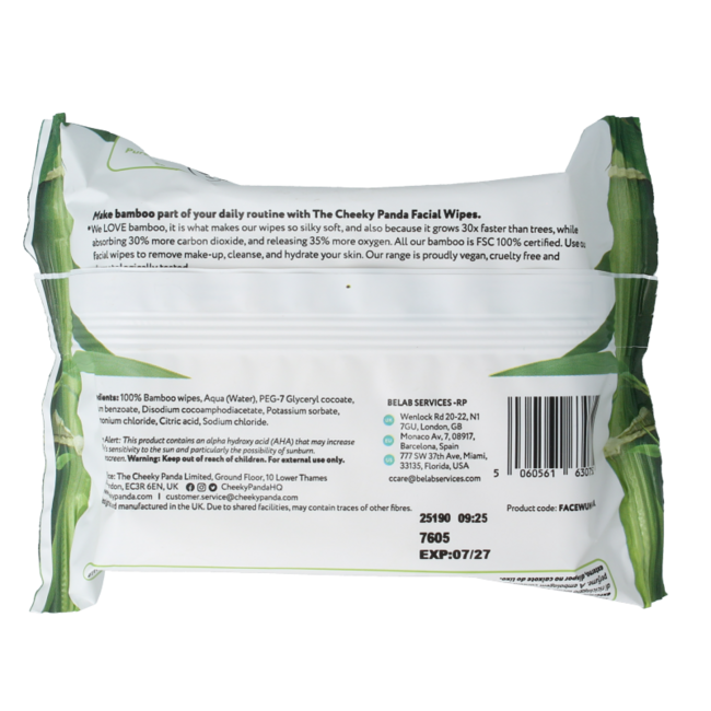 The Cheeky Panda Lingettes nettoyantes pour le visage en bambou sans parfum 25 pièces