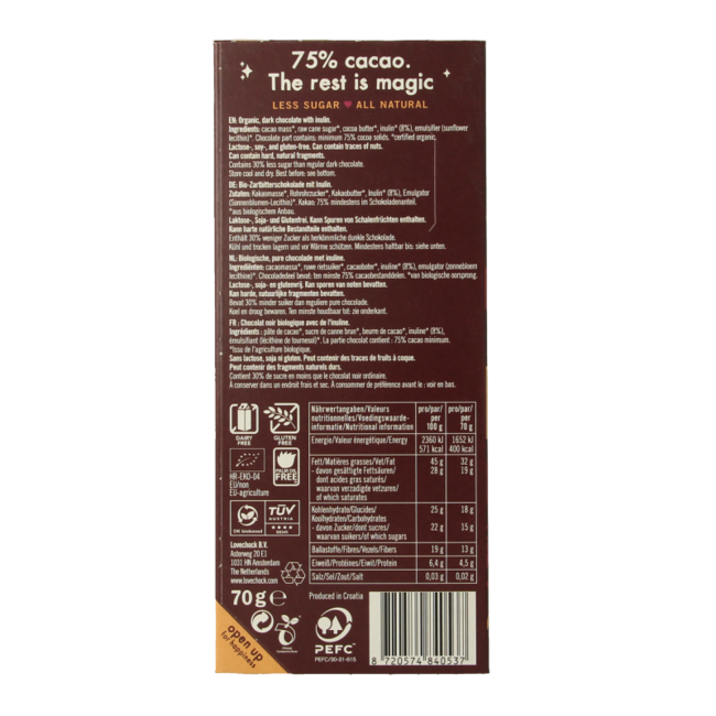 Lovechock Spirit chocolat noir riche bio 70 grammes