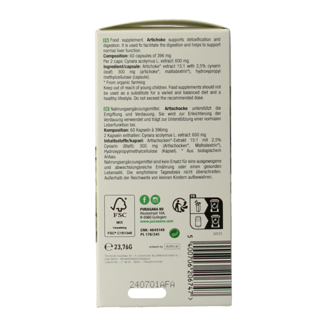 Purasana Carciofo vegan bio 60 capsule vegetali