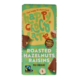 Happy Chocolate Bio-Milchschokolade geröstete Haselnuss Rosine 100 Gramm