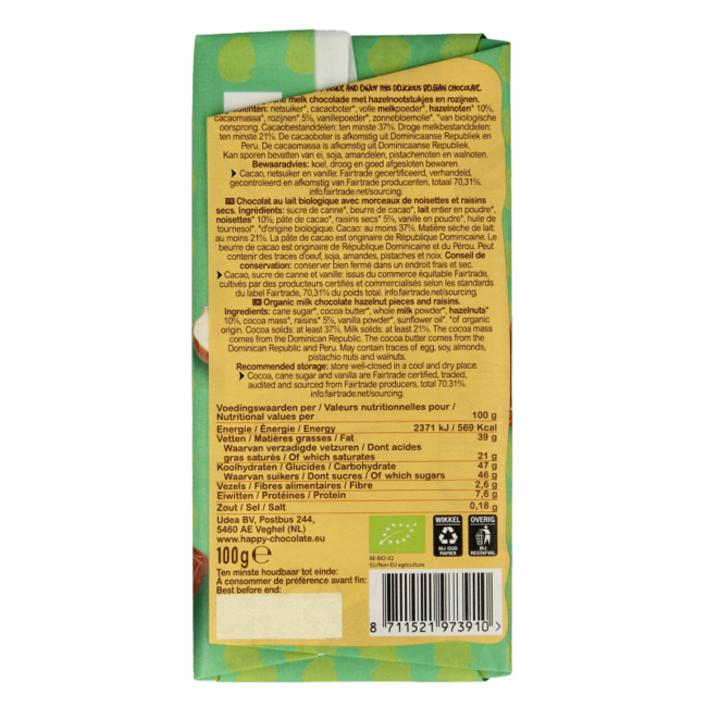 Chocolat au lait noisettes grillées et raisins bio 100 g