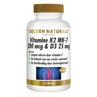 Golden Naturals Vitamine K2 MK-7 200 mcg & D3 25 mcg 120 Vegetarische capsules