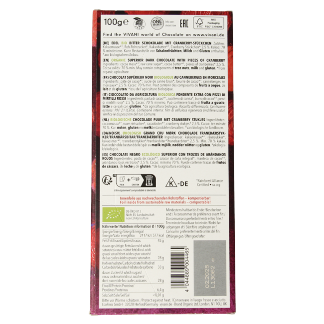 Superior dark chocolate with cranberry organic 100g