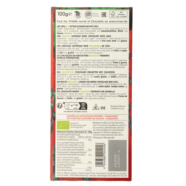 Chocolate negro superior con chile bio 100 g