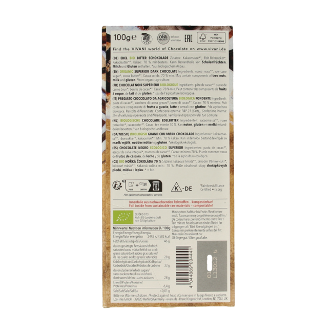 Superior dark chocolate 70% Santo Domingo organic 100 Gram