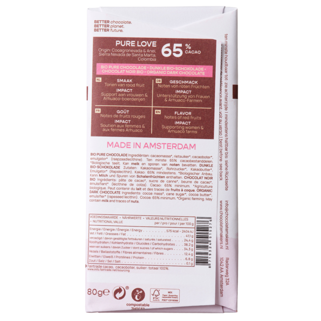 Tableta Pure Love 65% chocolate negro bio y de comercio justo 80 g