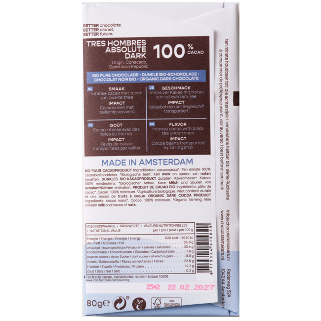 Tres Hombres Riegel 100% extra herb Fairtrade Bio 80 Gramm