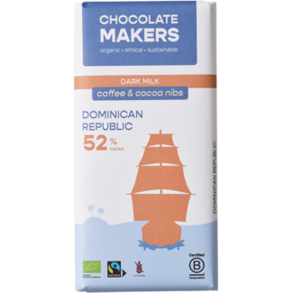 Chocolatemakers Tableta Tres Hombres 52% leche, nibs de cacao y café bio 80 g