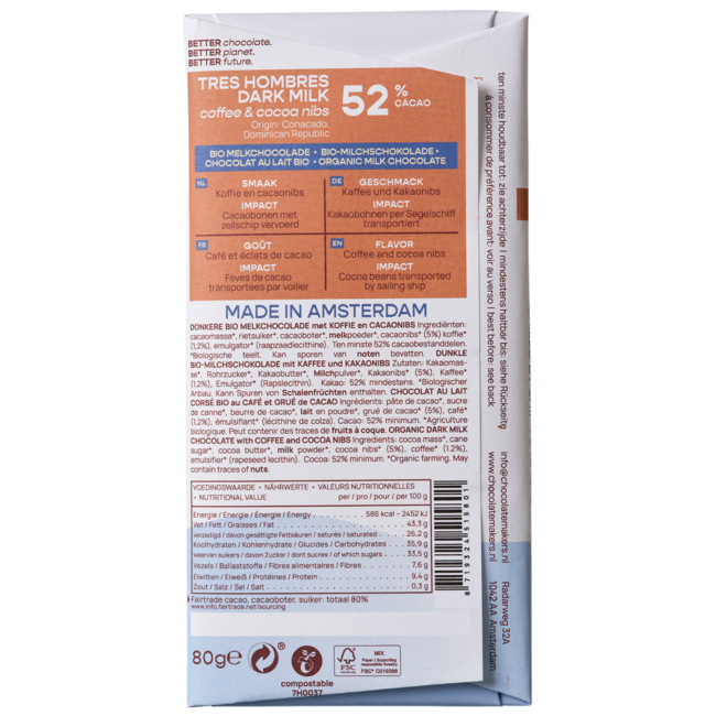 Reep tres hombres 52% melk cacaonibs & koffie bio 80 Gram