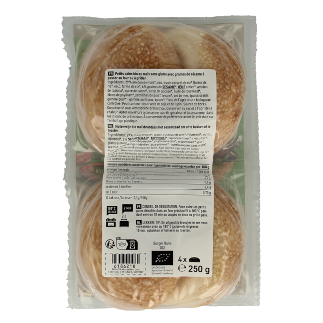 Gluten-free organic hamburger buns 250g