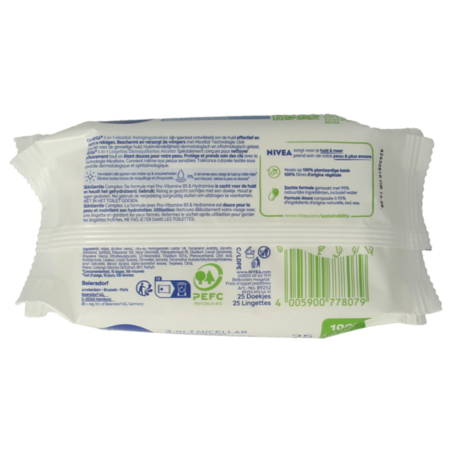 Lingettes nettoyantes micellaires soin 3-en-1, 25 unités