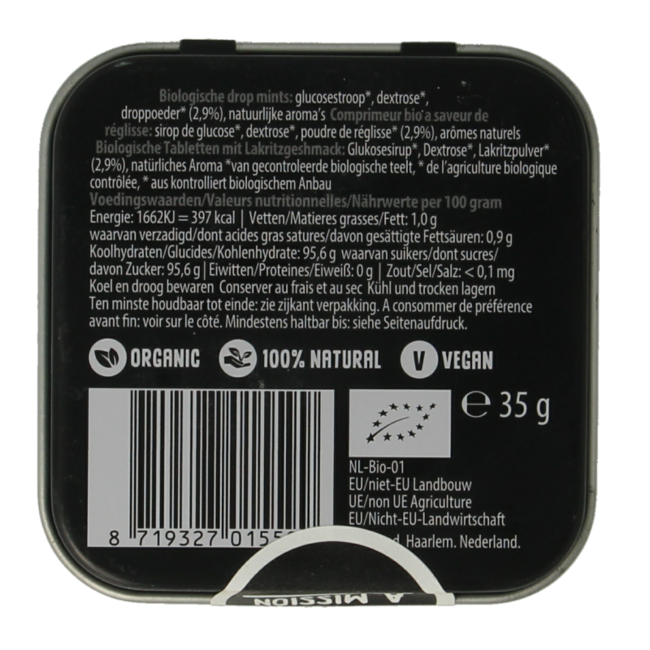 Liquorice square tin organic 35 Gram