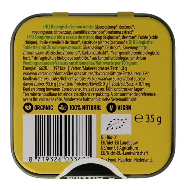 Pastilles au citron bio boîte carrée 35 g