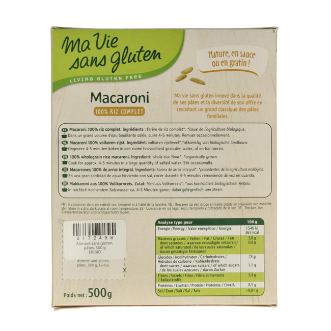 Whole grain rice macaroni gluten-free organic 500 Gram