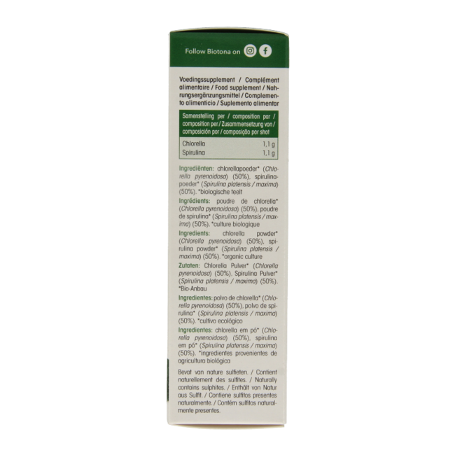 Chlorella spirulina shots 2.2 gram organic 20 pieces