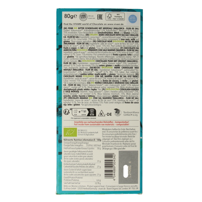 Chocolat noir fleur de sel 75% sucre de fleur de coco bio 80 g