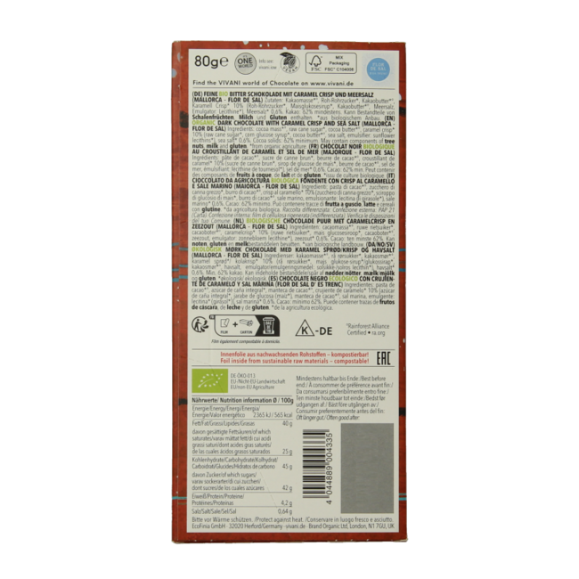Dunkle Schokolade Karamell Meersalz 62 % Bio 80,00 Gramm