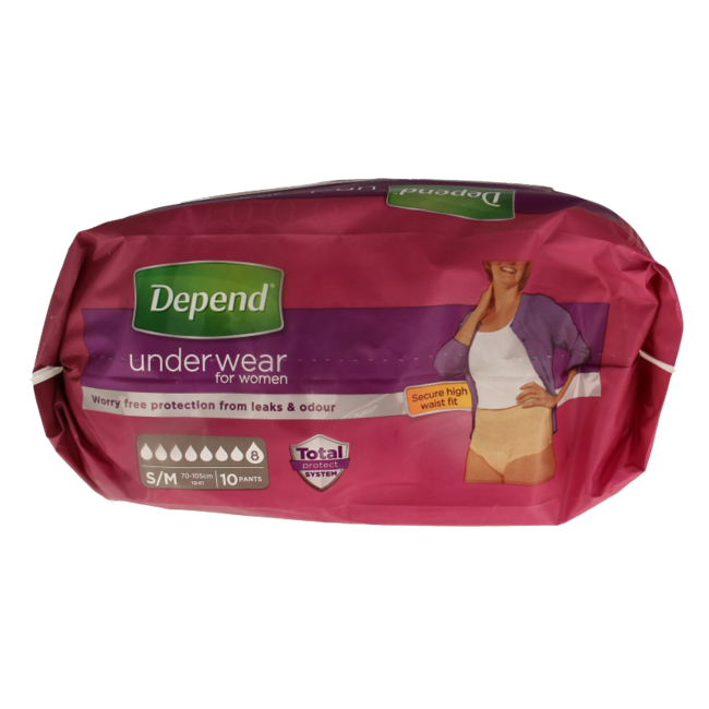 Majtki chłonne Depend Super dla kobiet, rozmiar S/M, 10 sztuk