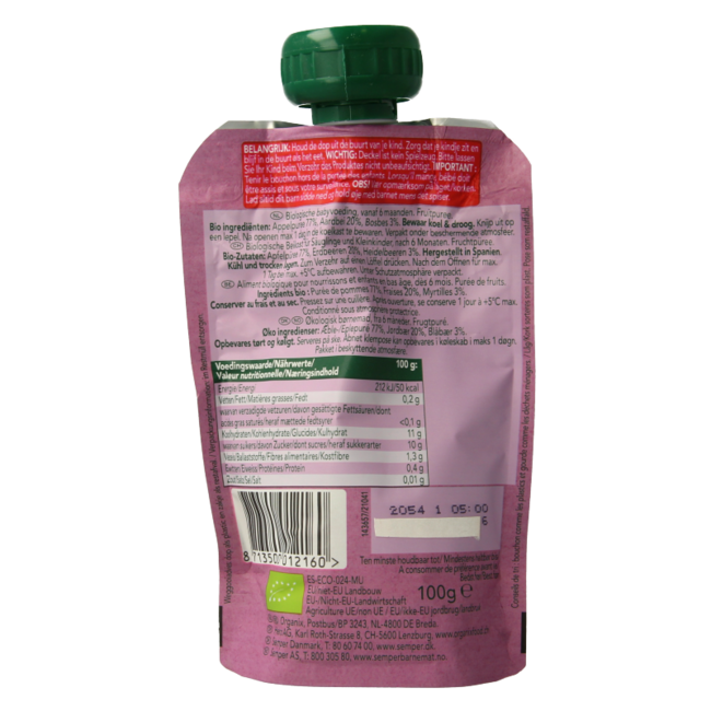 Puré de frutas en bolsita manzana, fresa y arándanos 6+M bio 100 gramos