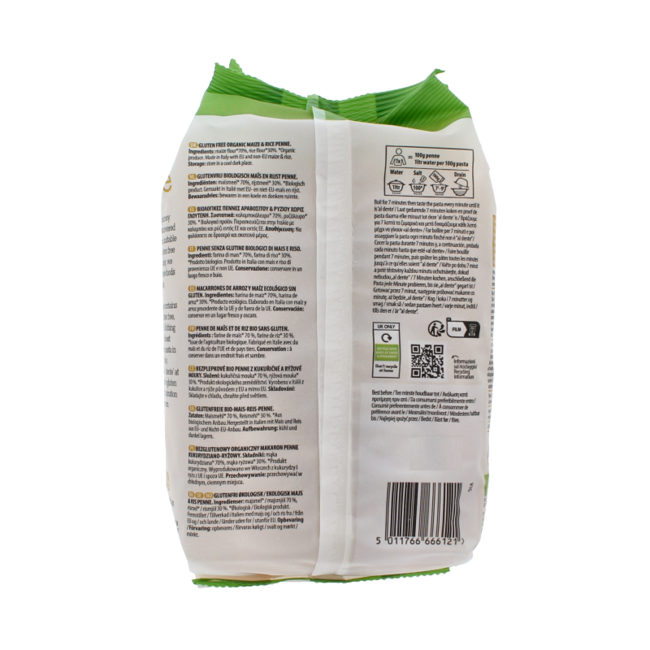 Penne de maíz y arroz sin gluten ecológico 500 g