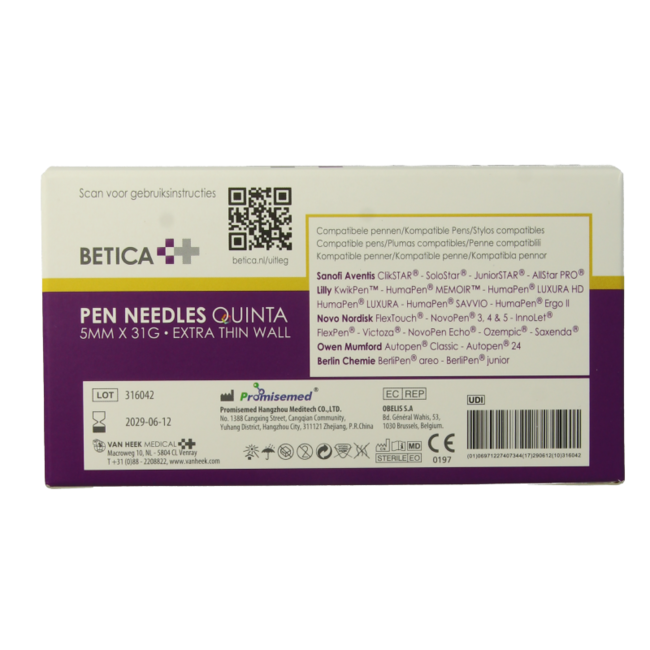 Aiguilles pour stylo Quinta stériles 5 mm x 31G 100 pièces