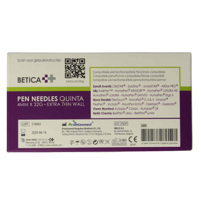 Quinta sterile pen needles 4mmx32g 100 pieces